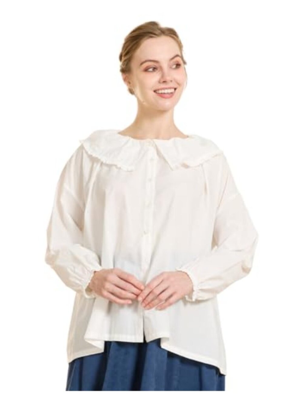 Women's Cotton Peter Pan Collar Blouse Long Sleeve Victorian Top